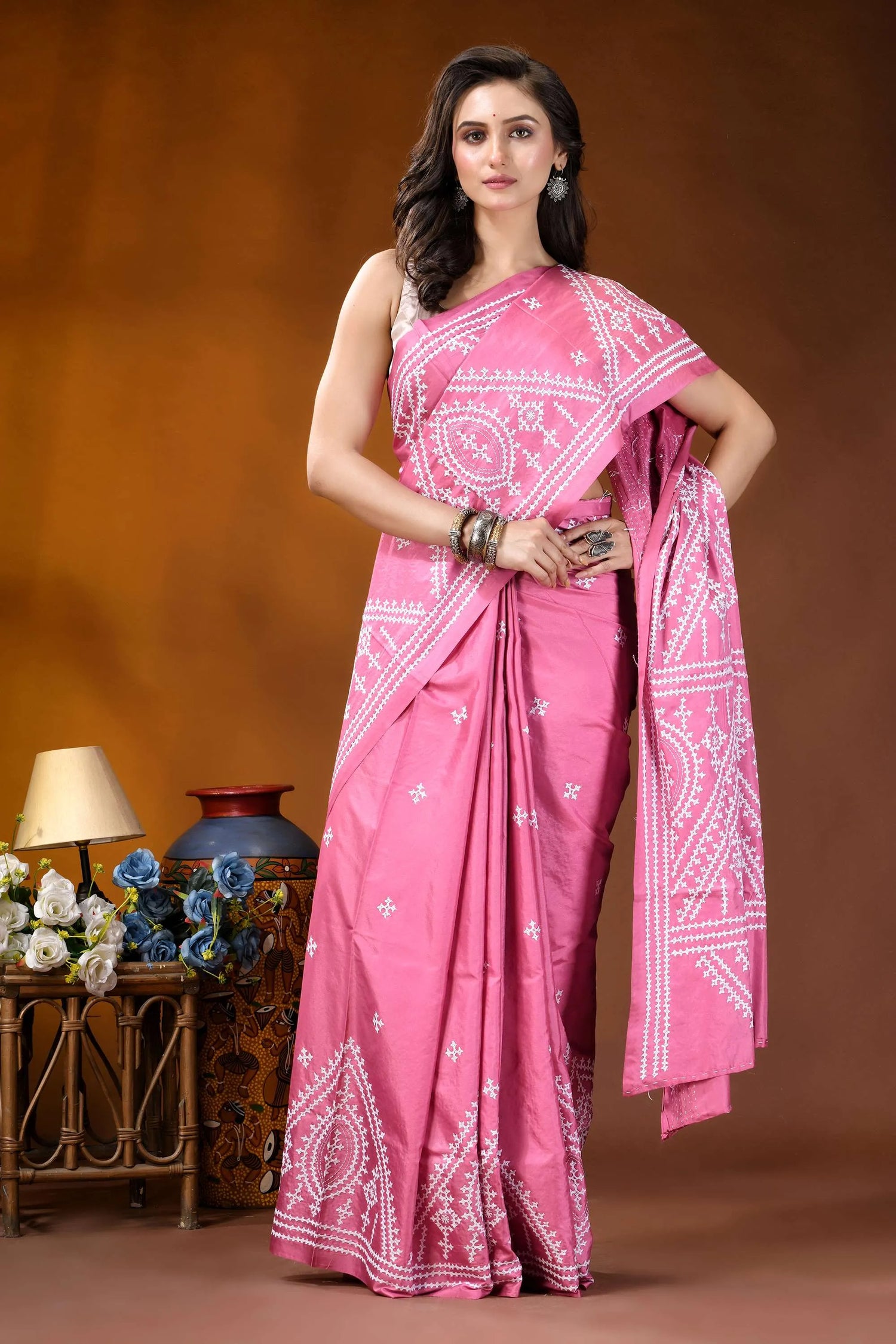 Hand embroidered pink silk kutch work saree - geometric design vibrant pink saree intricate white 4