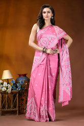 Hand embroidered pink silk kutch work saree - geometric design vibrant pink saree intricate white 4