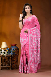 Hand embroidered pink silk kutch work saree - geometric design vibrant pink saree adorned intricate 1
