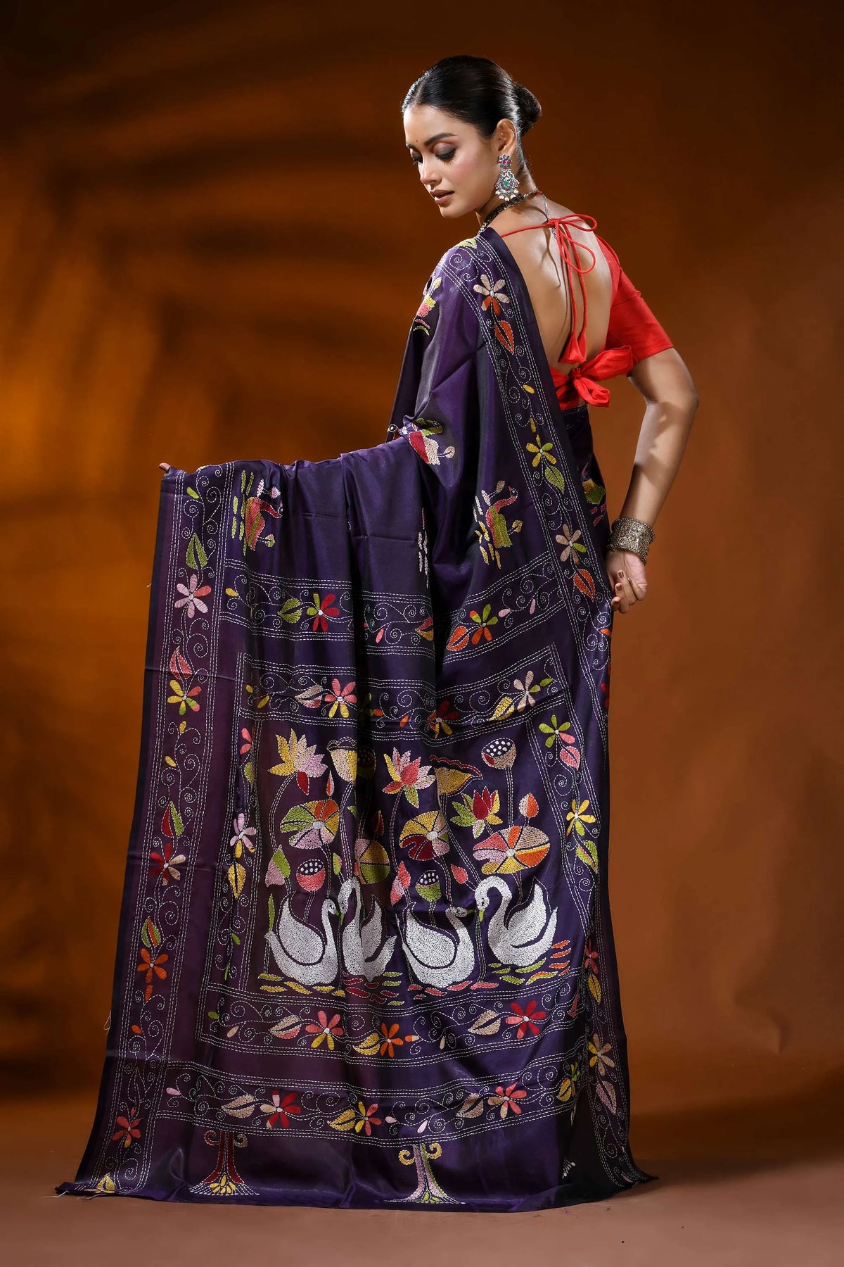 Hand embroidered plum purple silk kantha saree with swan lotus motif 5