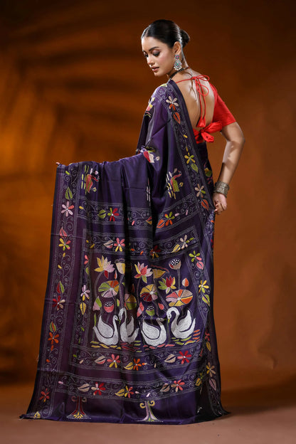Hand embroidered plum purple silk kantha saree with swan lotus motif 5