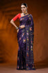 Hand embroidered plum purple silk kantha saree with swan lotus motif 1
