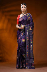 Hand embroidered plum purple silk kantha saree with swan lotus motif 6