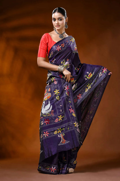 Hand embroidered plum purple silk kantha saree with swan lotus motif 4