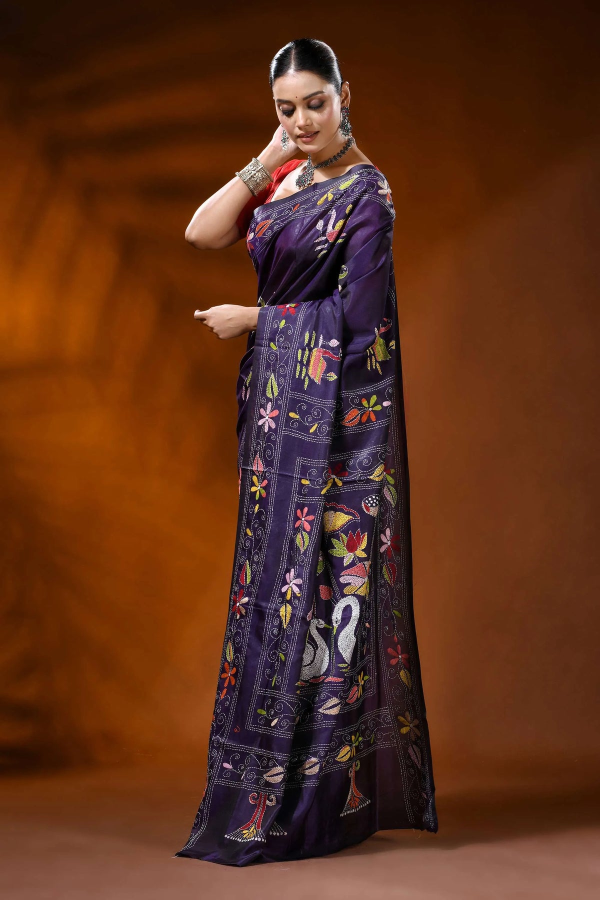 Hand embroidered plum purple silk kantha saree with swan lotus motif 3
