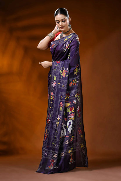 Hand embroidered plum purple silk kantha saree with swan lotus motif 3