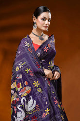 Hand embroidered plum purple silk kantha saree with swan lotus motif 2