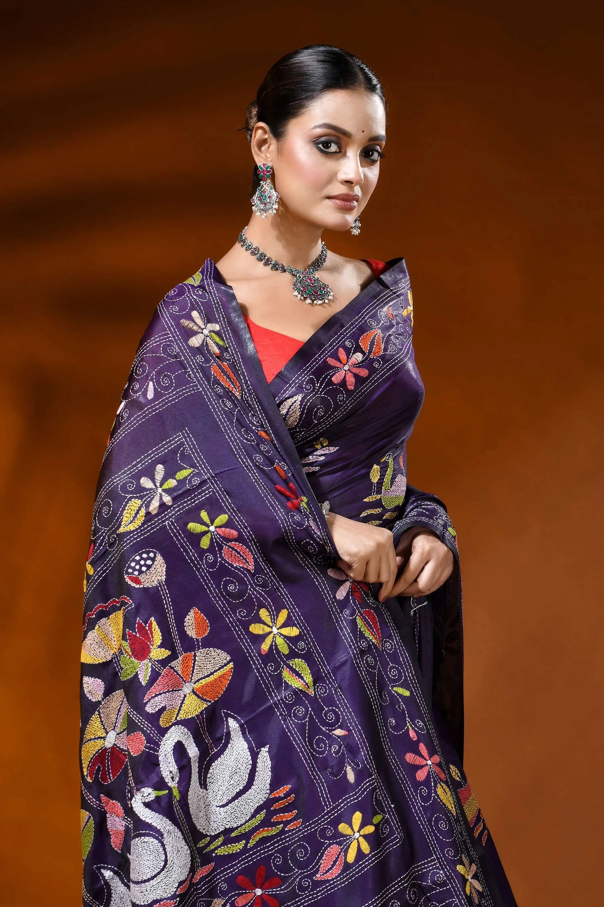 Hand embroidered plum purple silk kantha saree with swan lotus motif 2
