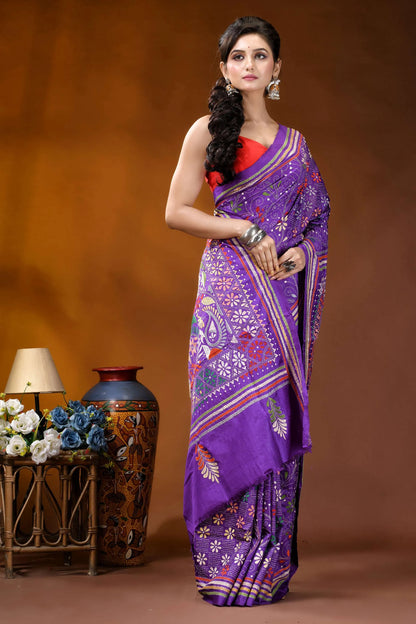 Hand embroidered purple floral design kantha stitch silk saree vibrant purple saree intricate paisley 4