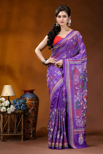 Hand embroidered purple floral design kantha stitch silk saree vibrant purple saree intricate floral 1