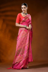 Hand embroidered rani pink kutch work silk saree - floral design 4