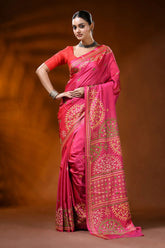 Hand embroidered rani pink kutch work silk saree - floral design 1