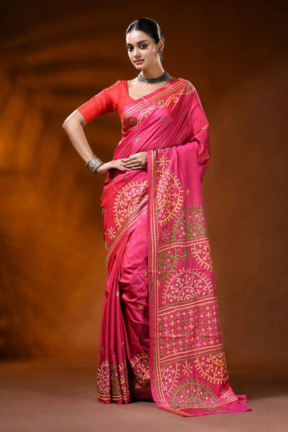 Hand embroidered rani pink kutch work silk saree - floral design 1