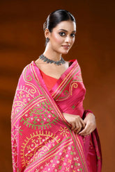 Hand embroidered rani pink kutch work silk saree - floral design 2
