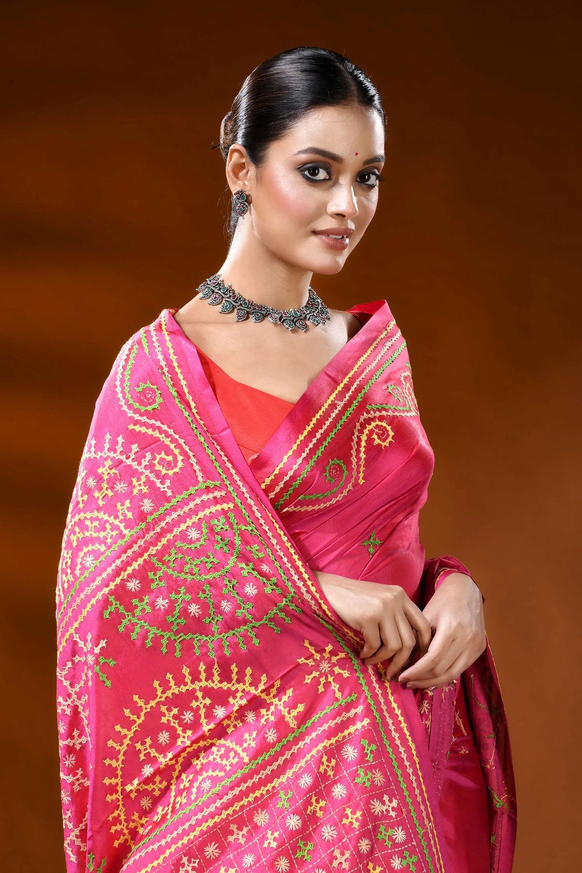Hand embroidered rani pink kutch work silk saree - floral design 2