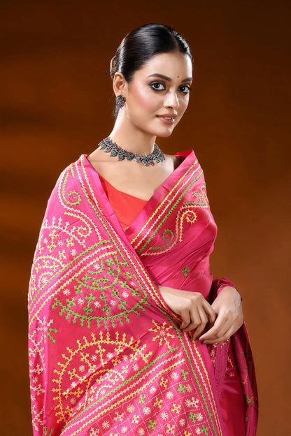 Hand embroidered rani pink kutch work silk saree - floral design 2