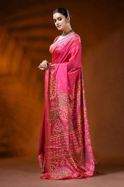 Hand embroidered rani pink kutch work silk saree - floral design 3