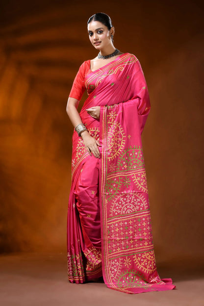 Hand embroidered rani pink kutch work silk saree - floral design 6
