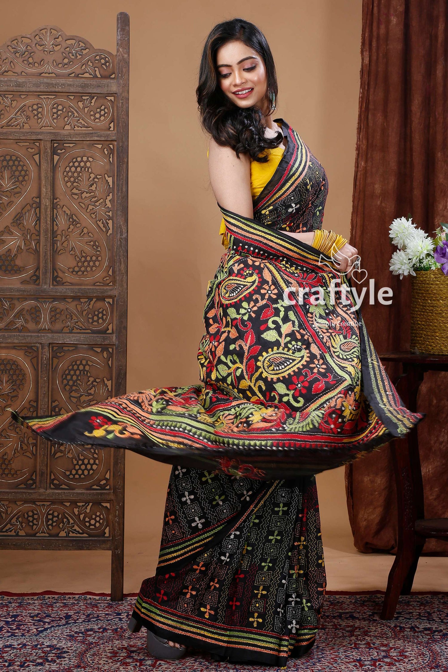 Hand-Embroidered Raven Black Multicolor Traditional Silk Kantha Saree-Craftyle