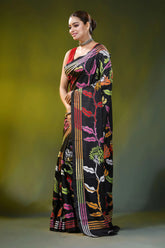 Hand embroidered raven black silk kantha work saree - floral motif 3
