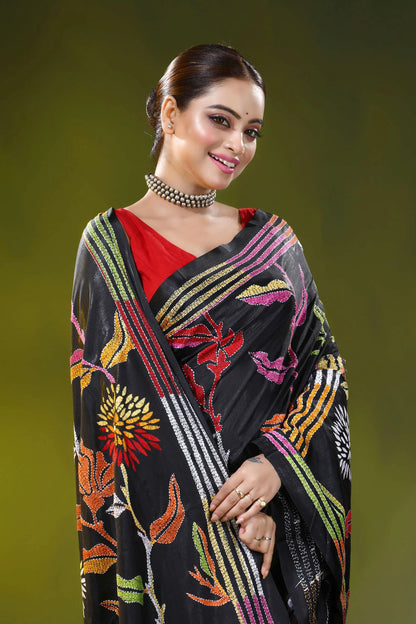 Hand embroidered raven black silk kantha work saree - floral motif 2