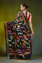 Hand embroidered raven black silk kantha work saree - floral motif 5