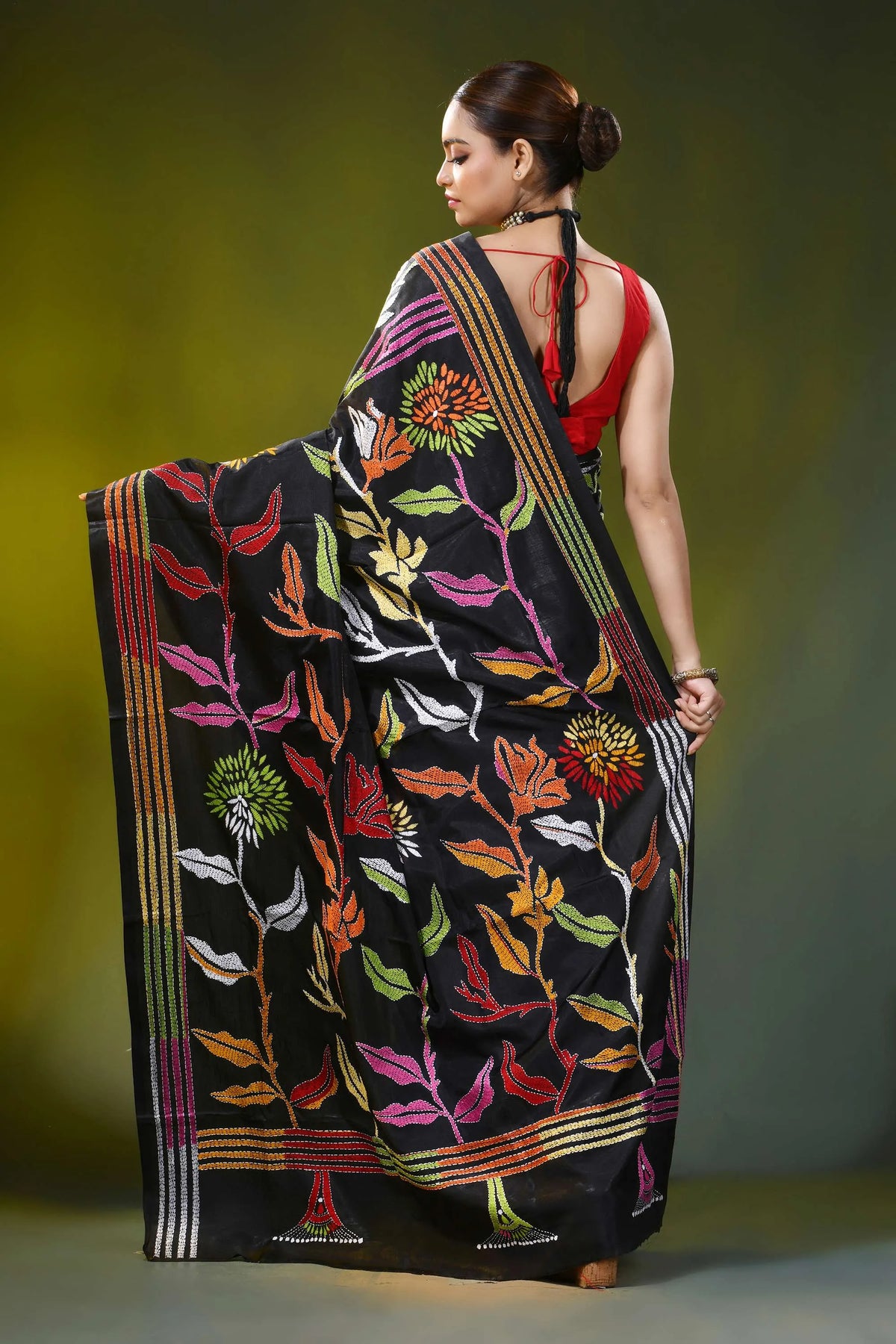 Hand embroidered raven black silk kantha work saree - floral motif 5