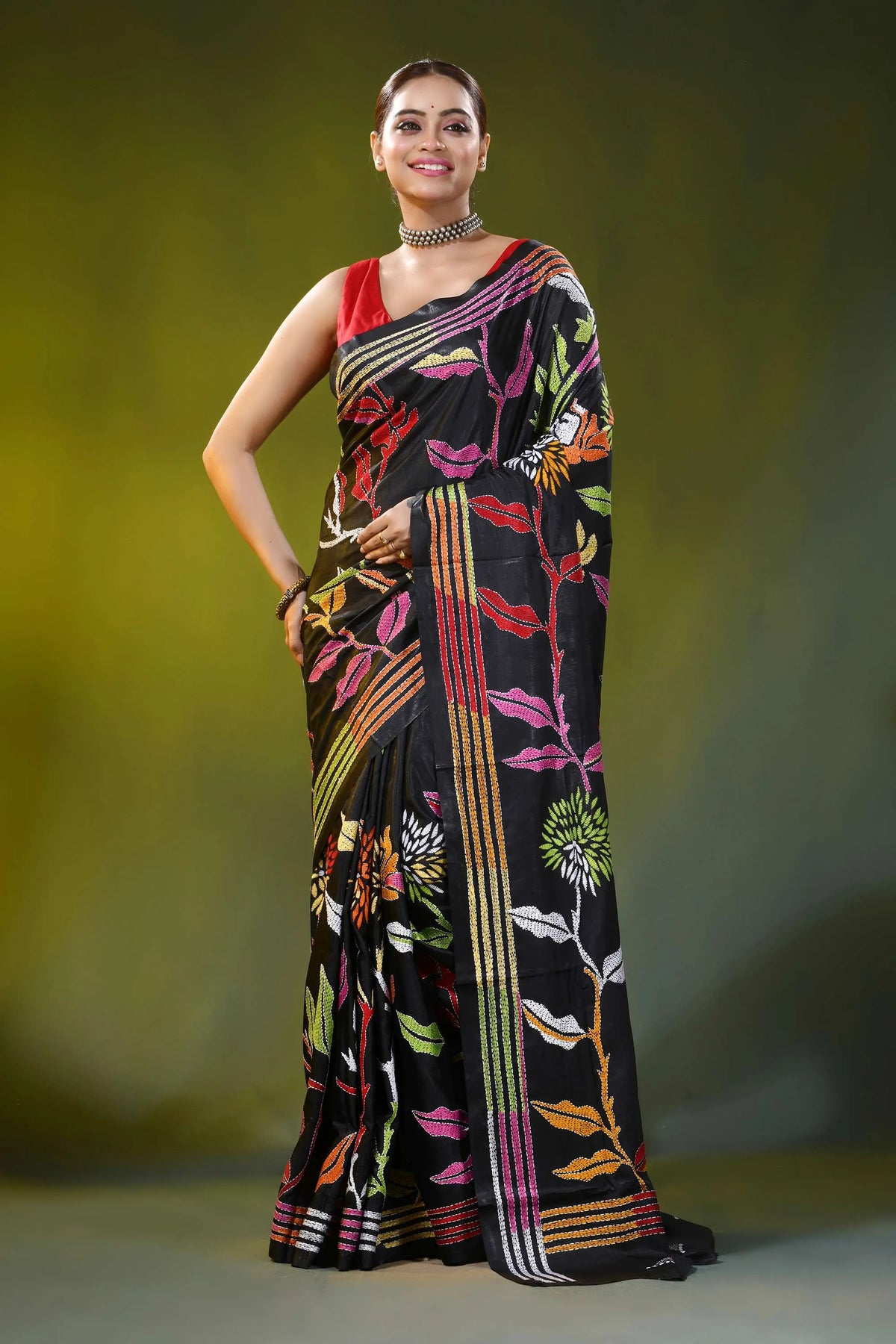 Hand embroidered raven black silk kantha work saree - floral motif 6