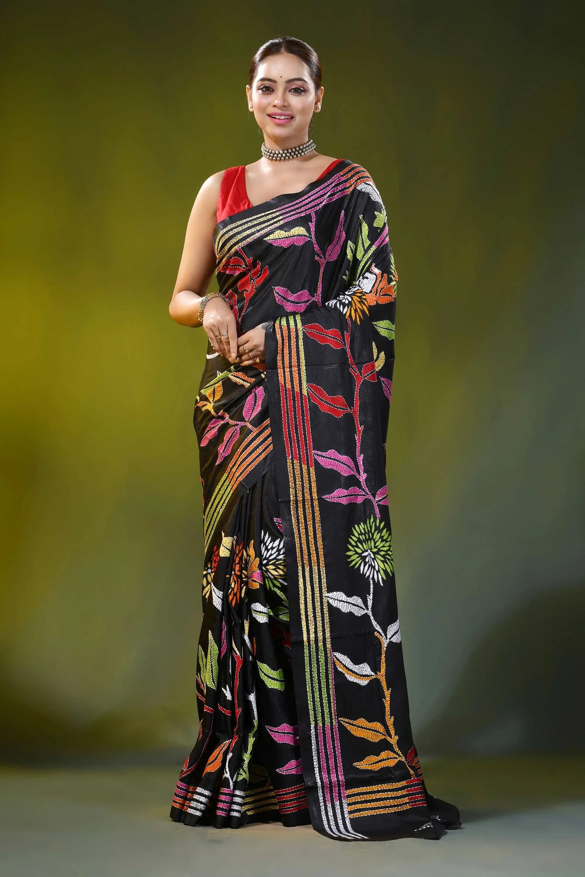 Hand embroidered raven black silk kantha work saree - floral motif 1