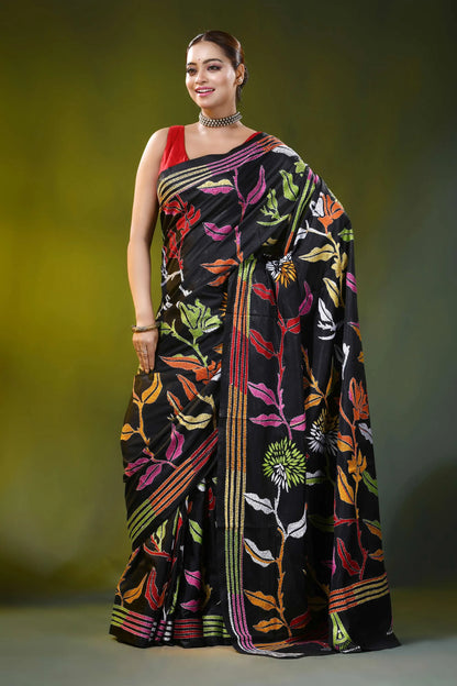 Hand embroidered raven black silk kantha work saree - floral motif 4
