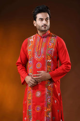 Hand embroidered red cotton kantha panjabi with multicolor floral work 2