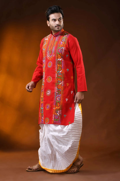 Hand embroidered red cotton kantha panjabi with multicolor floral work 3