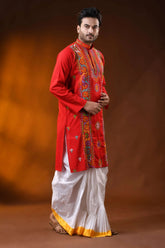Hand embroidered red cotton kantha panjabi with multicolor floral work 4