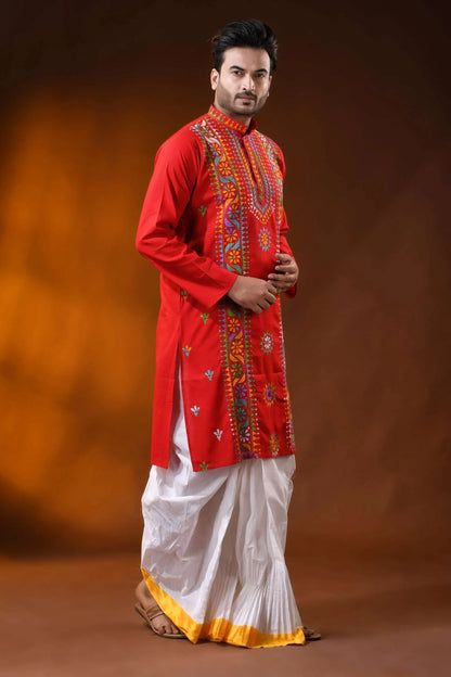Hand embroidered red cotton kantha panjabi with multicolor floral work 4