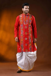 Hand embroidered red cotton kantha panjabi with multicolor floral work 6