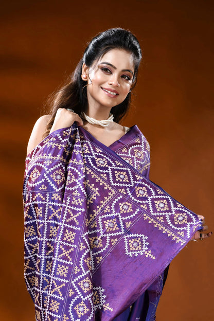 Hand embroidered royal purple gujarati stitch silk saree - ethnic design 2