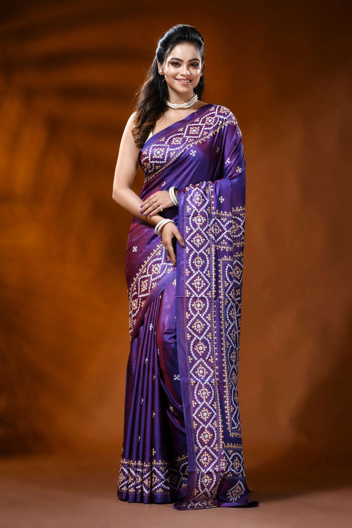Hand embroidered royal purple gujarati stitch silk saree - ethnic design 1