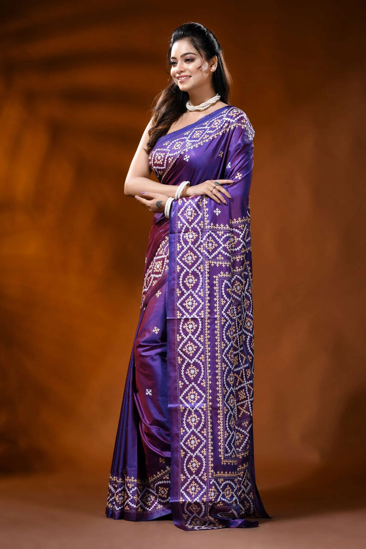 Hand embroidered royal purple gujarati stitch silk saree - ethnic design 3