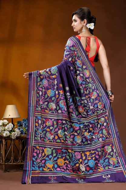 Hand embroidered royal purple silk kantha saree with multithread floral design richly embroidered purple saree vibrant 5