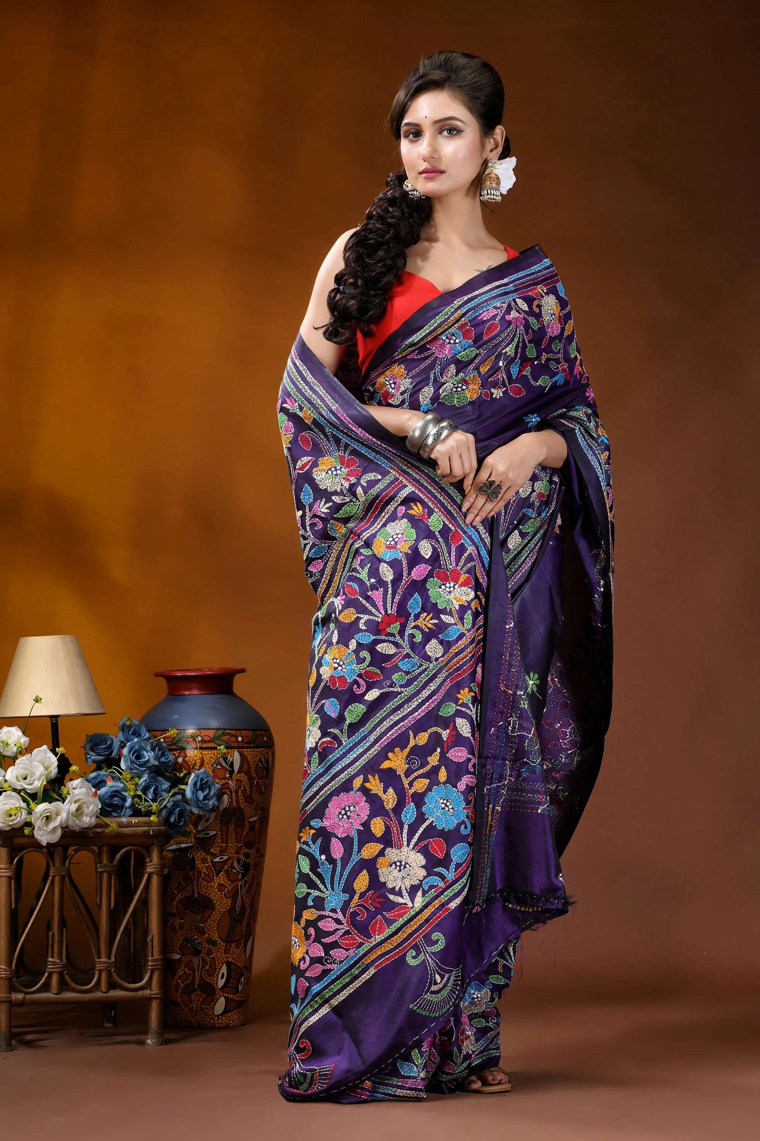 Hand embroidered royal purple silk kantha saree with multithread floral design vibrant purple saree adorned intricate 4