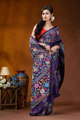Hand embroidered royal purple silk kantha saree with multithread floral design vibrant purple saree adorned intricate 4
