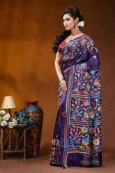 Hand embroidered royal purple silk kantha saree with multithread floral design vibrant purple silk saree adorned 3