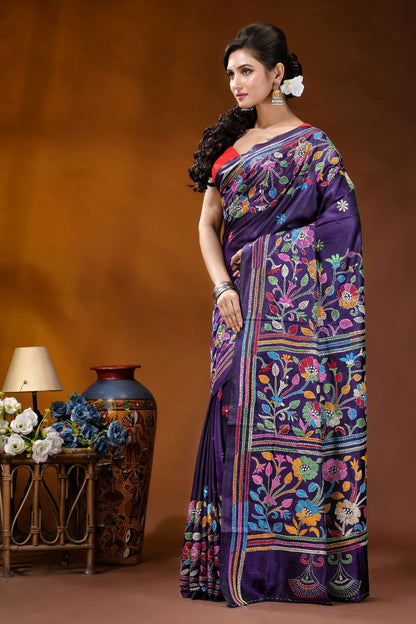 Hand embroidered royal purple silk kantha saree with multithread floral design vibrant purple silk saree adorned 3