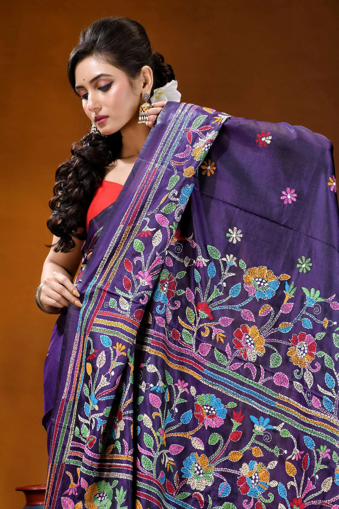 Hand embroidered royal purple silk kantha saree with multithread floral design richly embroidered purple saree vibrant 2