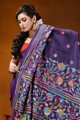 Hand embroidered royal purple silk kantha saree with multithread floral design richly embroidered purple saree vibrant 2