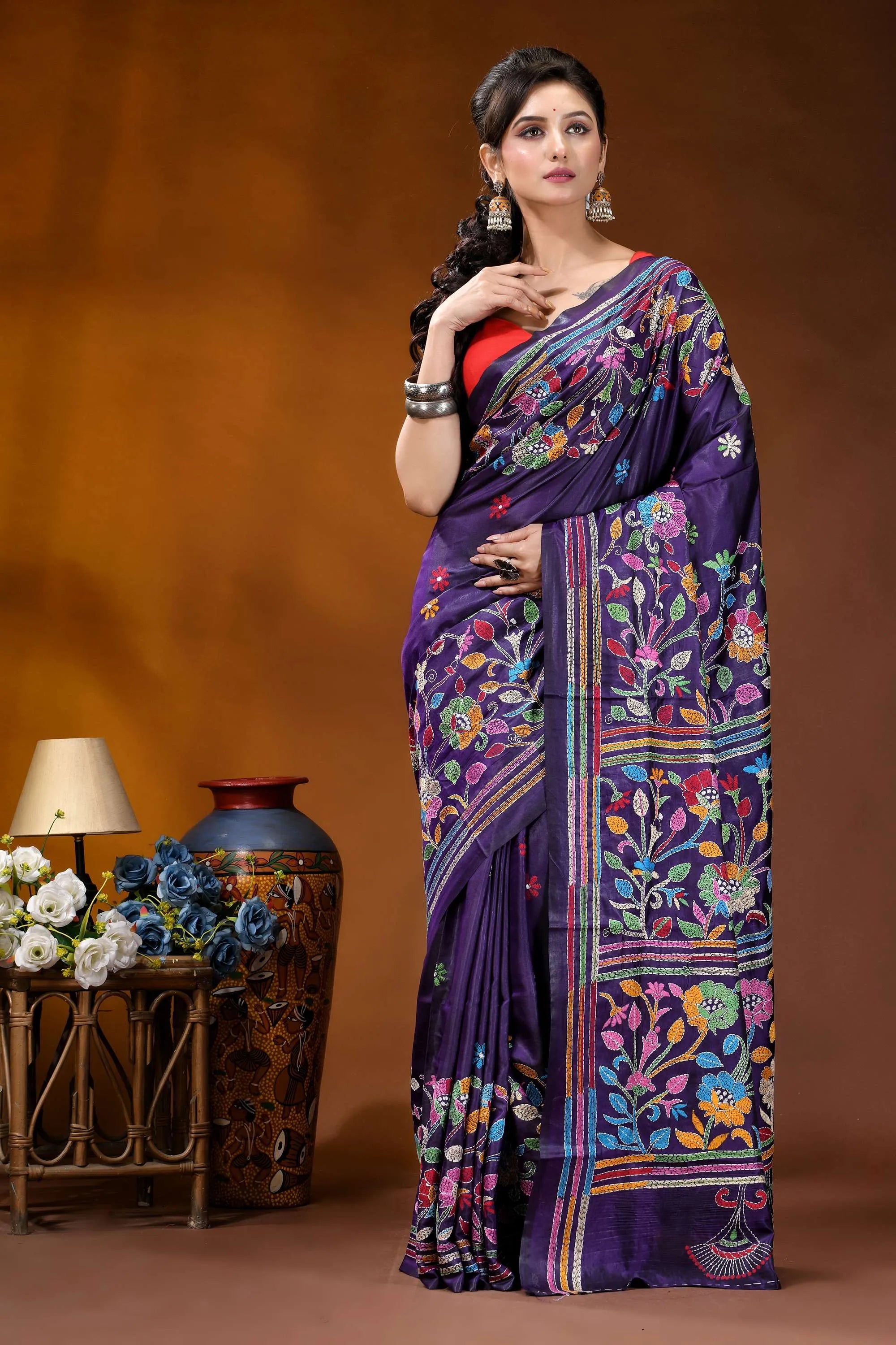 Hand embroidered royal purple silk kantha saree with multithread floral design vibrant purple silk saree adorned 6