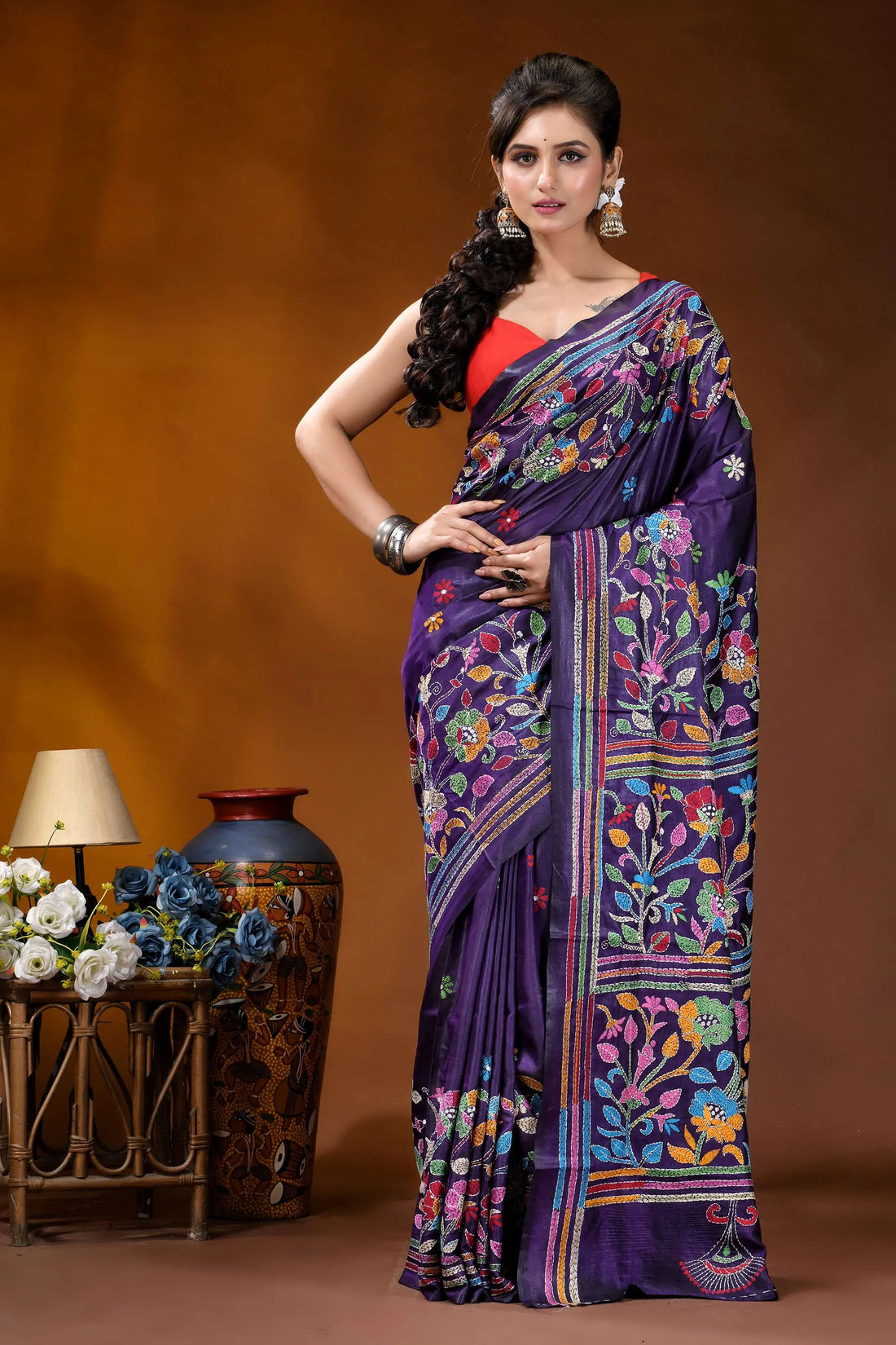 Hand embroidered royal purple silk kantha saree with multithread floral design vibrant purple saree adorned intricate 1