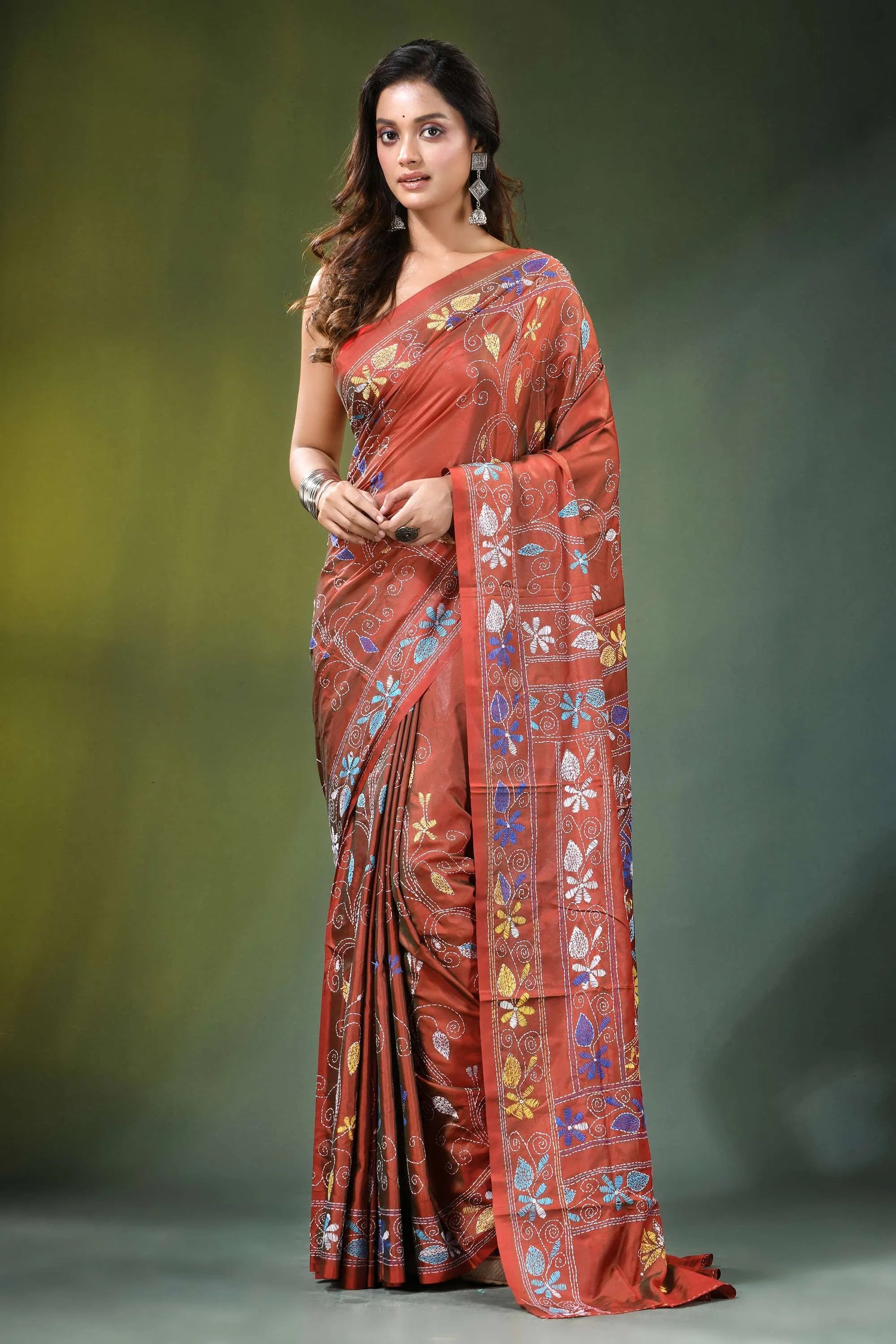 Hand embroidered rust brown floral motif silk kantha saree rich terracotta-colored adorned 1