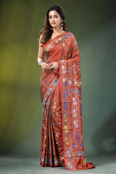 Hand embroidered rust brown floral motif silk kantha saree rich terracotta-colored adorned 1
