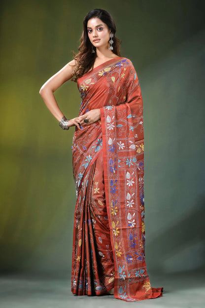Hand embroidered rust brown floral motif silk kantha saree rich rust-colored adorned 6